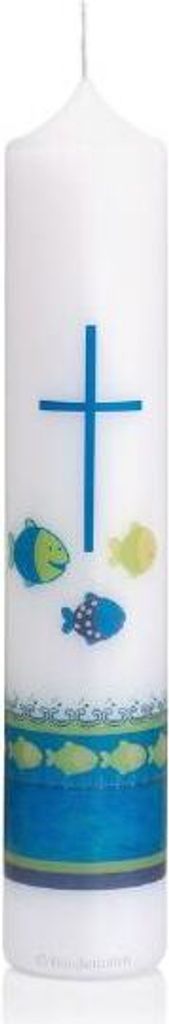 Taufkerze Jungen mit individueller Namensverzierung aus hochwertigen Wachsbuchstaben und Geschenkkarton 50 x 265 mm, Nr 106