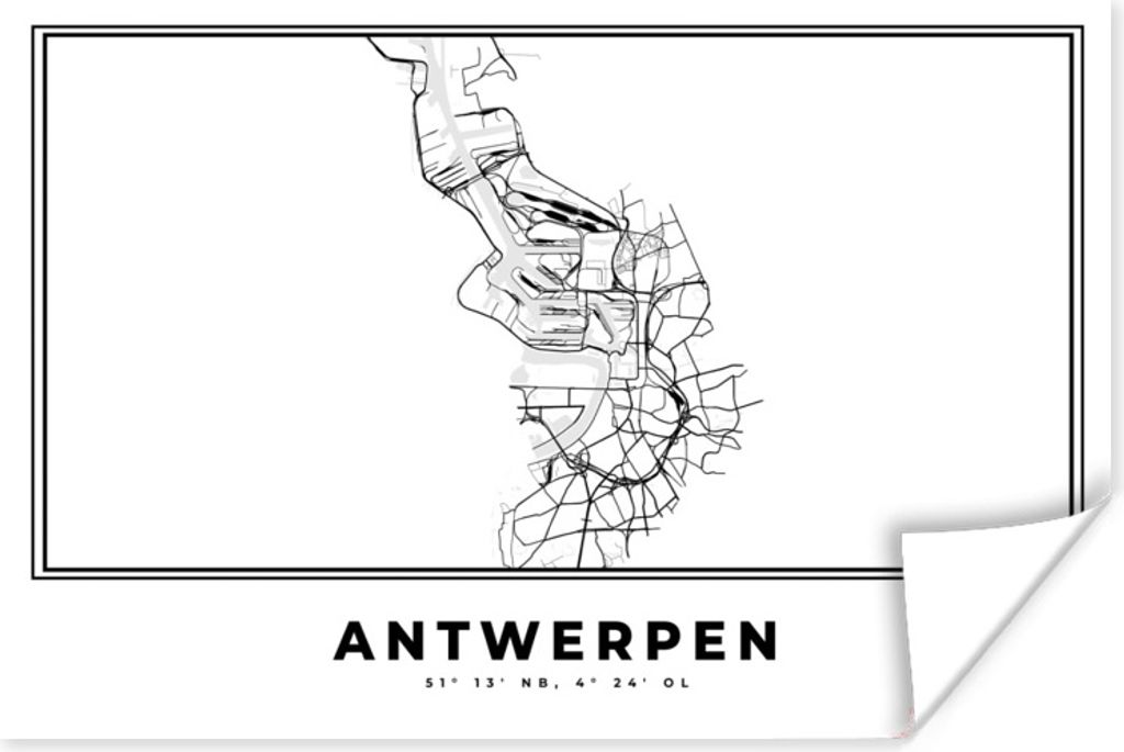 MuchoWow Poster Karte - Antwerpen - Schwarz und weiß - Stadtplan - Belgien 60x40 cm - Schlafzimmerdekoration