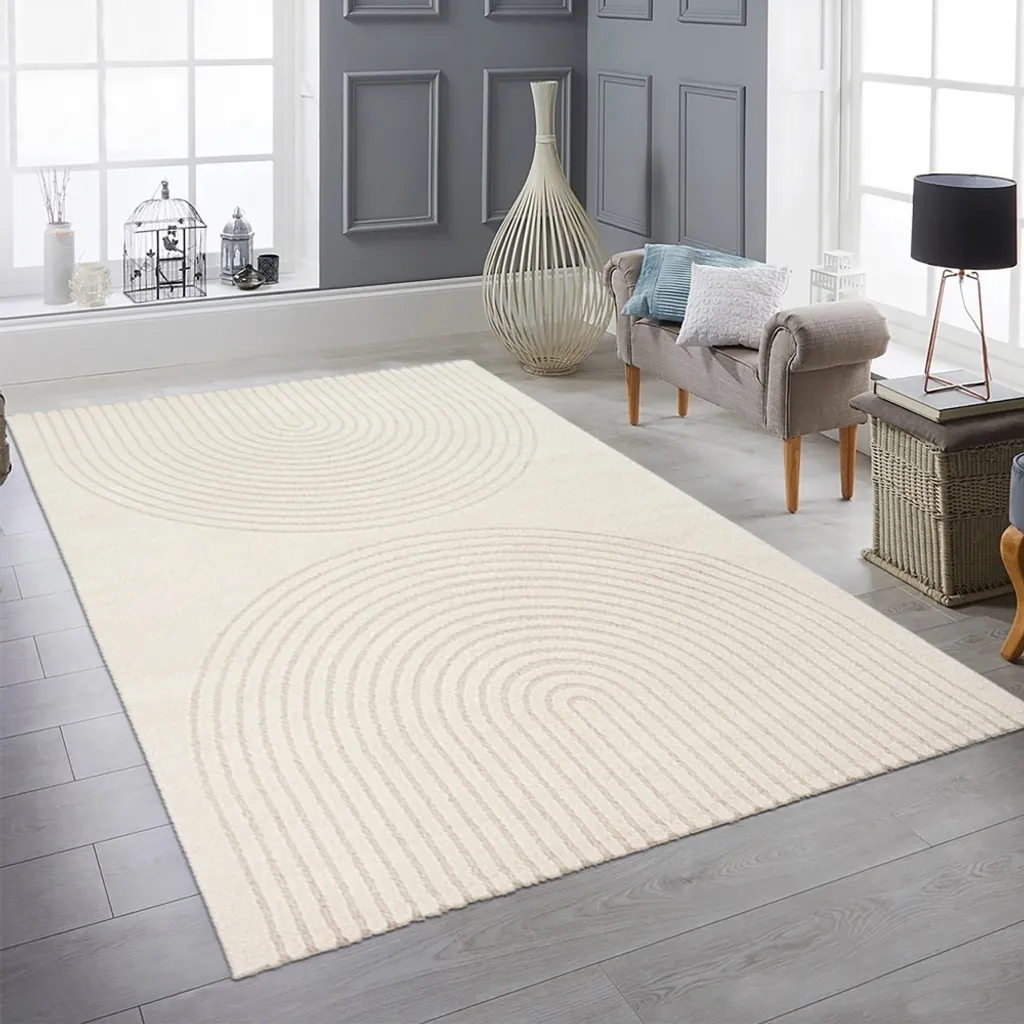 Grand tapis de chambre design 240x340 crème à motif arc texturé Luxe