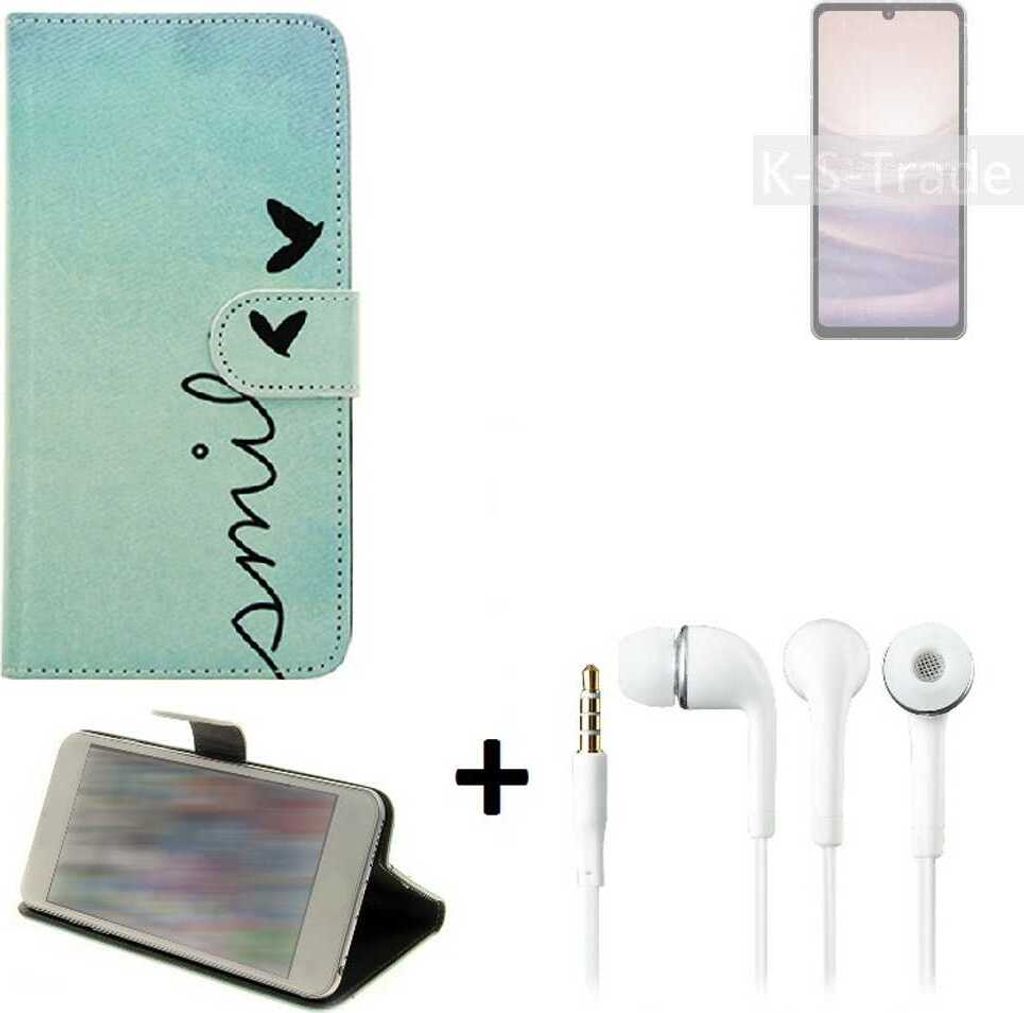 K-S-Trade Schutz Hülle Handy Hülle kompatibel mit Sharp Aquos Sense7 360° Wallet Case Schutz Hülle ''smile'' inkl. Ohrstöpsel Smartphone cover
