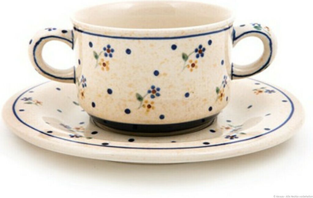 Original Bunzlauer Keramik 260 ml Suppentasse Ø10,5 mit Henkel und Untertasse Ø19,5 cm im Design 111