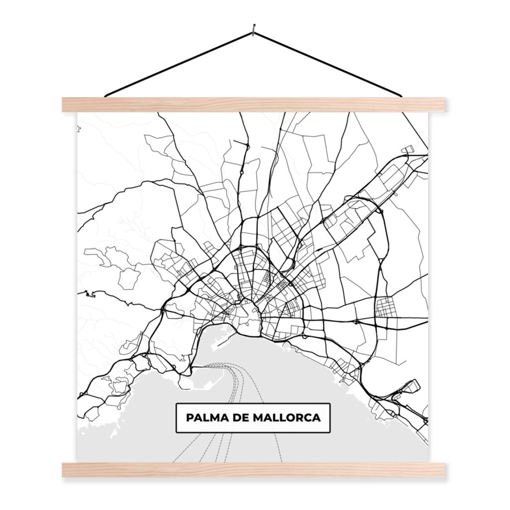 MuchoWow Textilposter Karte - Mallorca - Stadtplan - Schwarz und weiß - Karte 120x120 cm mit holzfarbenen Rahmen - Textil-Poster