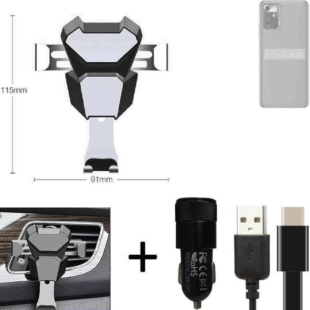 K-S-Trade Lüftungsschlitz Halterung kompatibel mit ZTE Voyage 30 Smooth Edition Lüftungshalterung Lüftungsgitter schwarz-silber Auto-Halterung
