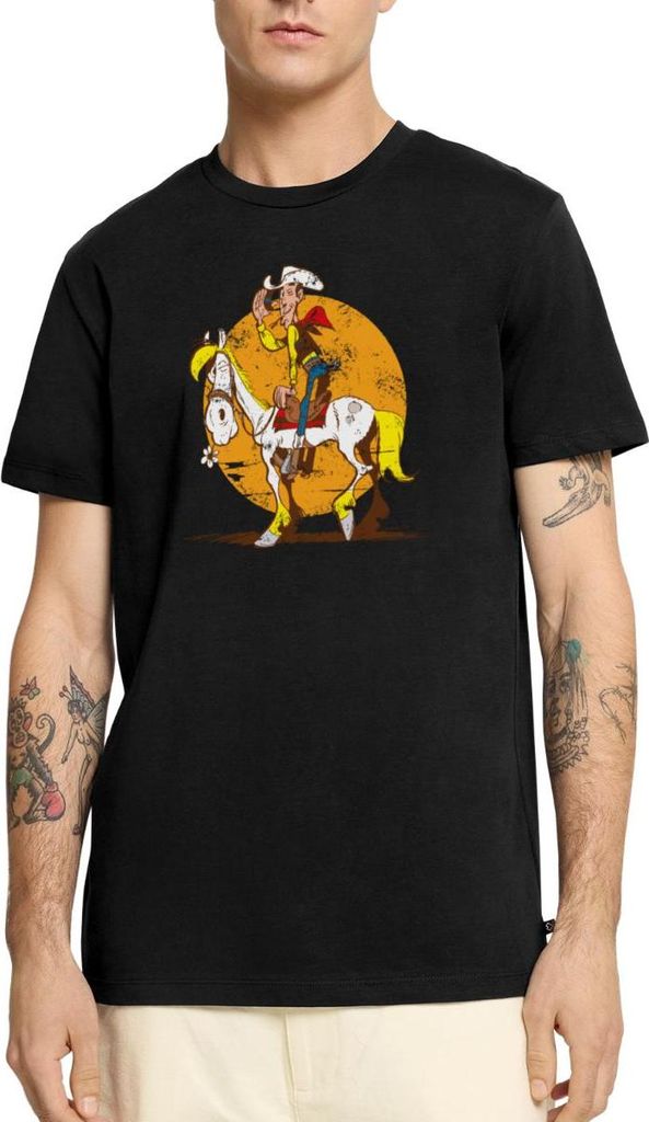 Spreadshirt Lucky Luke Jolly Jumper im Sonnenuntergang Männer Premium T-Shirt, M, Schwarz