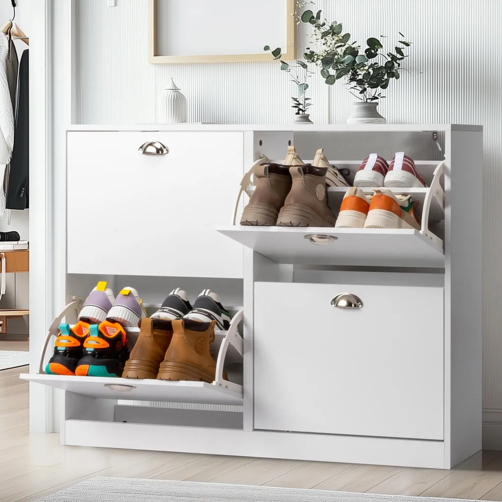 FCH Scarpiera a 4 ante, scarpiera con 8 ripiani regolabili, 102 x 25 x 78,5 cm, bianco