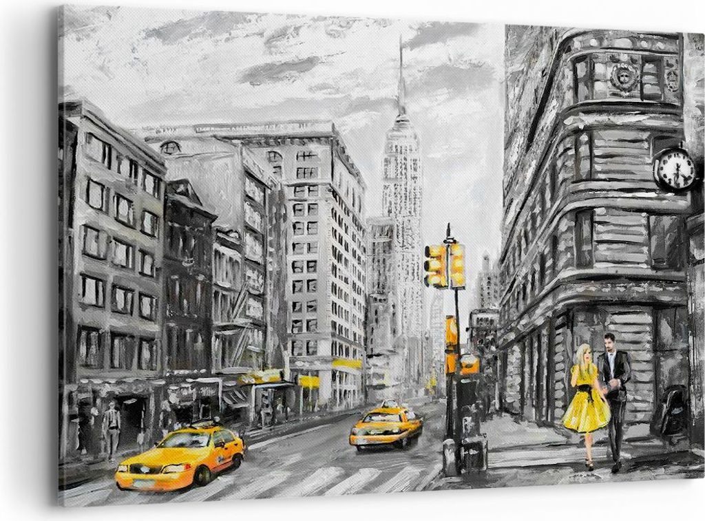 Bild auf Leinwand - Leinwandbild - Stadt Taxi Wolkenkratzer Illustration - 100x70cm - Wand Bild - Wanddeko - Leinwanddruck - Bilder - Kunstdruck - ...