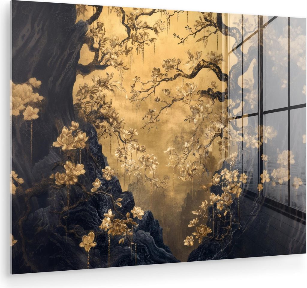 MuchoWow Glasbilder - Bilder auf Wandbild - Foto auf Glas Blumen - Zweige - Gold - Dekorativ 40x30 cm Wanddekoration aus Glas - Acrylglasbild - Acr...