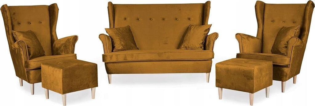 Family Meble Set aus Sofa + 2 Sessel + 2 Hocker Ari II 2-Sitzer Sofa Couch Freistehendes Lounge Sofa Bequem zum Entspannen Wohnzimmer Büro (MONOLI...