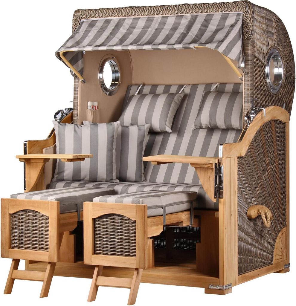 Strandkorb - bene living - Ammersee Teak Bullauge - PE grau - Modell 537 - Zweisitzer inkl. Liftersystem