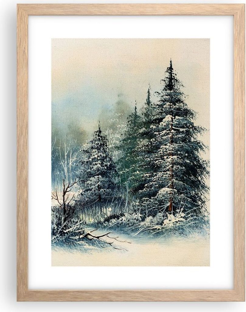 Gerahmtes Poster - Rahmen in heller Eiche - Schnee Fichten Wald - 30x40 cm - Wand Bild - Wanddeko - Wandbilder - Kunstposter - Wandposter - Bilderr...