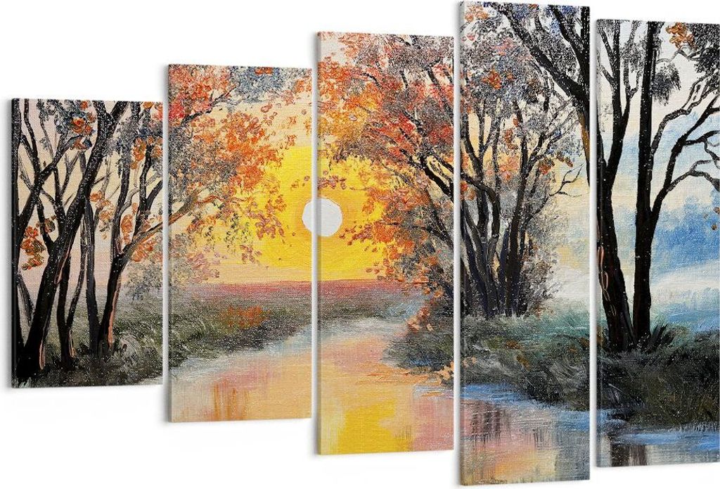 Bild auf Leinwand - Leinwandbild - 5 Teile - Fluss Sonne Bäume - 150x100cm - Wand Bild - Wanddeko - Wandbilder - Leinwanddruck - Bilder - Wanddeko...