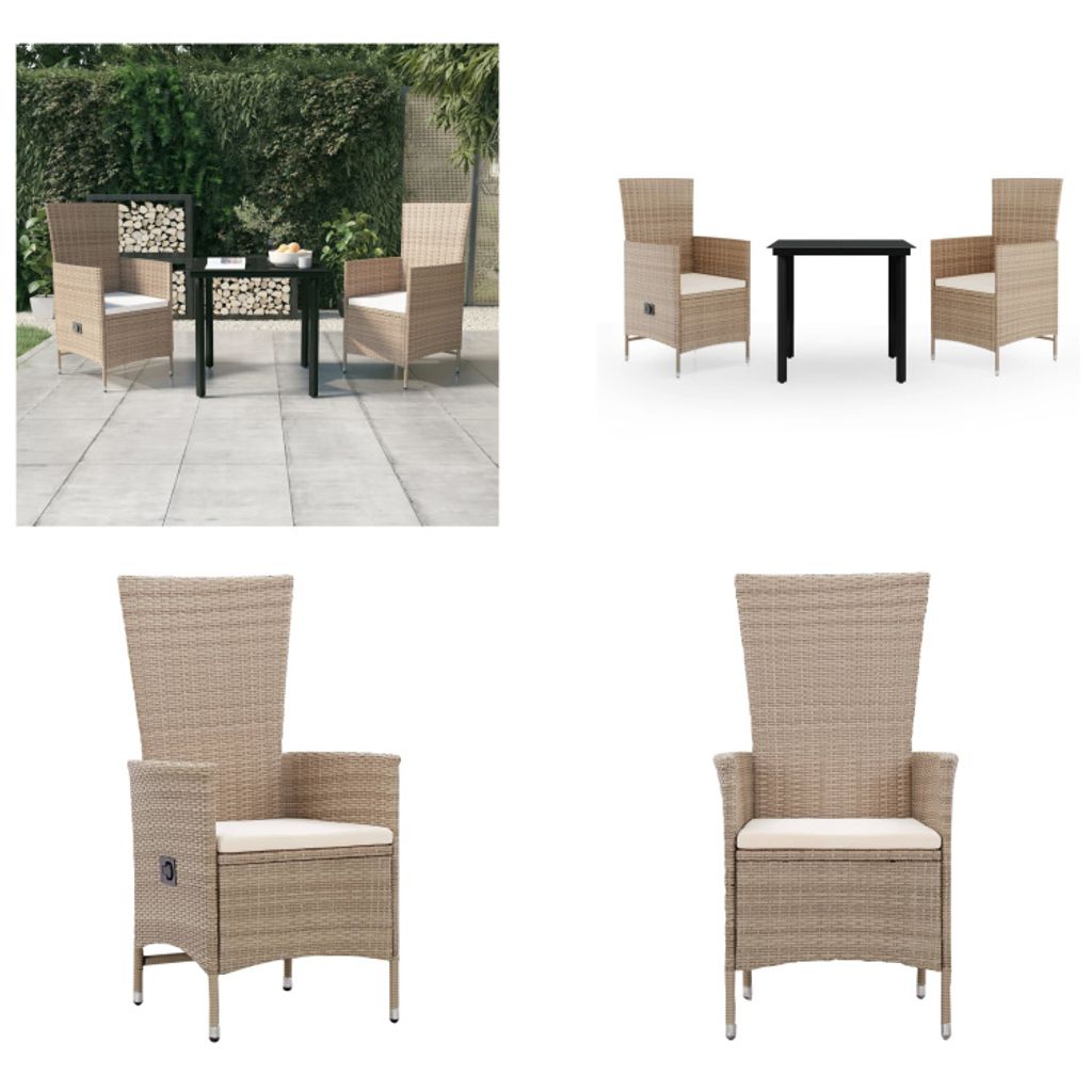 vidaXL 3 tlg. Garten Essgruppe mit Kissen Beige - Garten Essgruppe - Garten Essgruppen - Gartenmöbel Set - Garten Möbelset