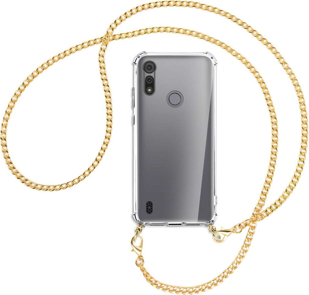 Handykette Backcover-Schutzhülle mit Band (Metall goldfarben) für Motorola Moto E6s - goldfarbene Kette