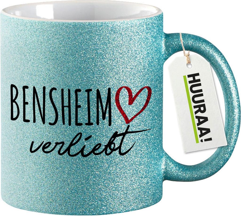 Huuraa Glitzertasse Bensheim verliebt 330ml Blau Keramik Kaffeebecher Geschenkidee