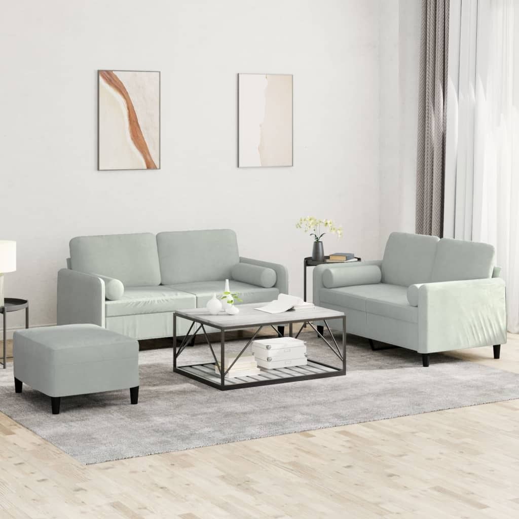 Design 3-tlg. Sofagarnitur mit Kissen Hellgrau Samt, Schlafsofas 2024 Neu