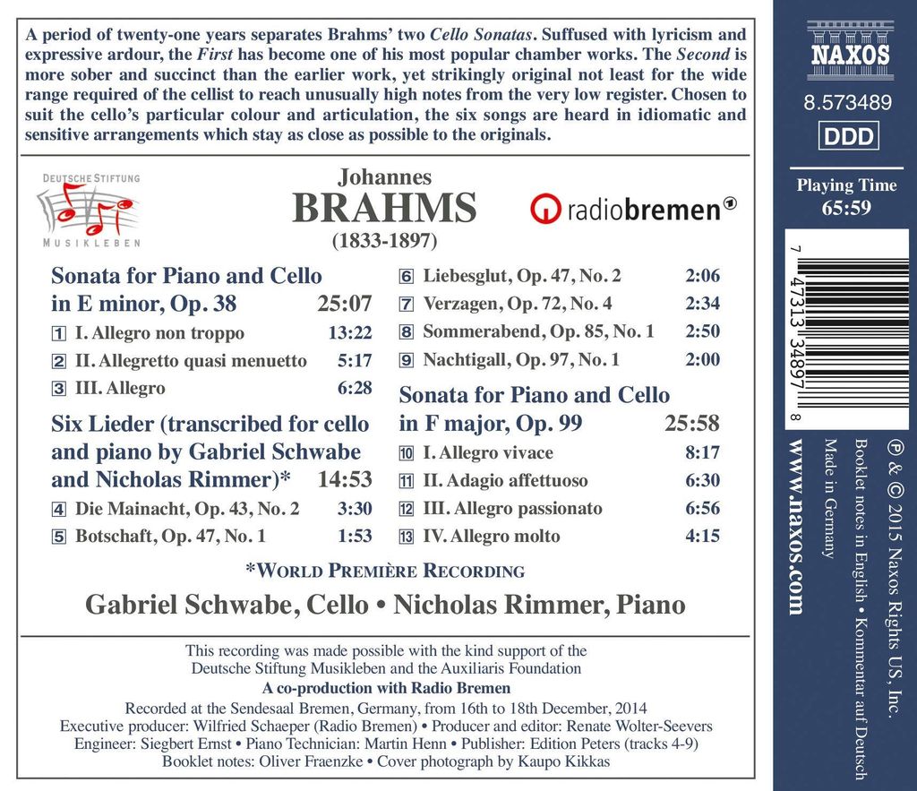 Brahms: Cellosonaten und Lieder