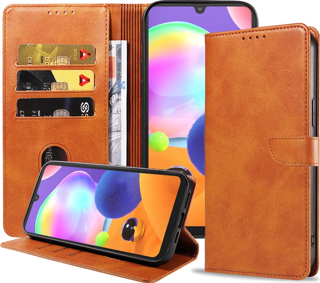 Geschikt voor Samsung Galaxy A31 Telefoonhoesje Kunstleer met Magnetisch lipje en Pasjeshouder Book Case met Klepje - Bruin - Smartphonica