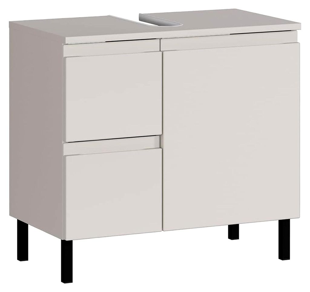Waschbeckenunterschrank 60 cm breit in mattem Kaschmir, modern, mit Tür, 2 Schubladen, Metallfüßen, grifflos