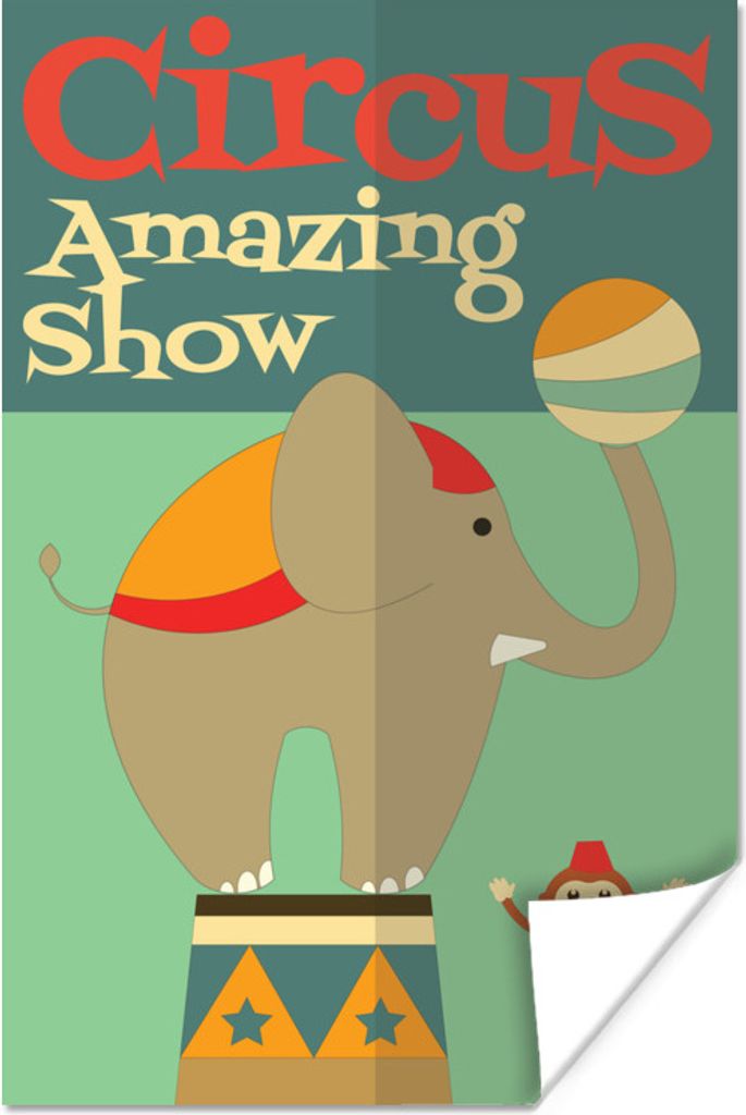 MuchoWow Poster Zirkus" mit Elefant und Affe auf grünem Hintergrund 60x90 cm - Wanddekoration