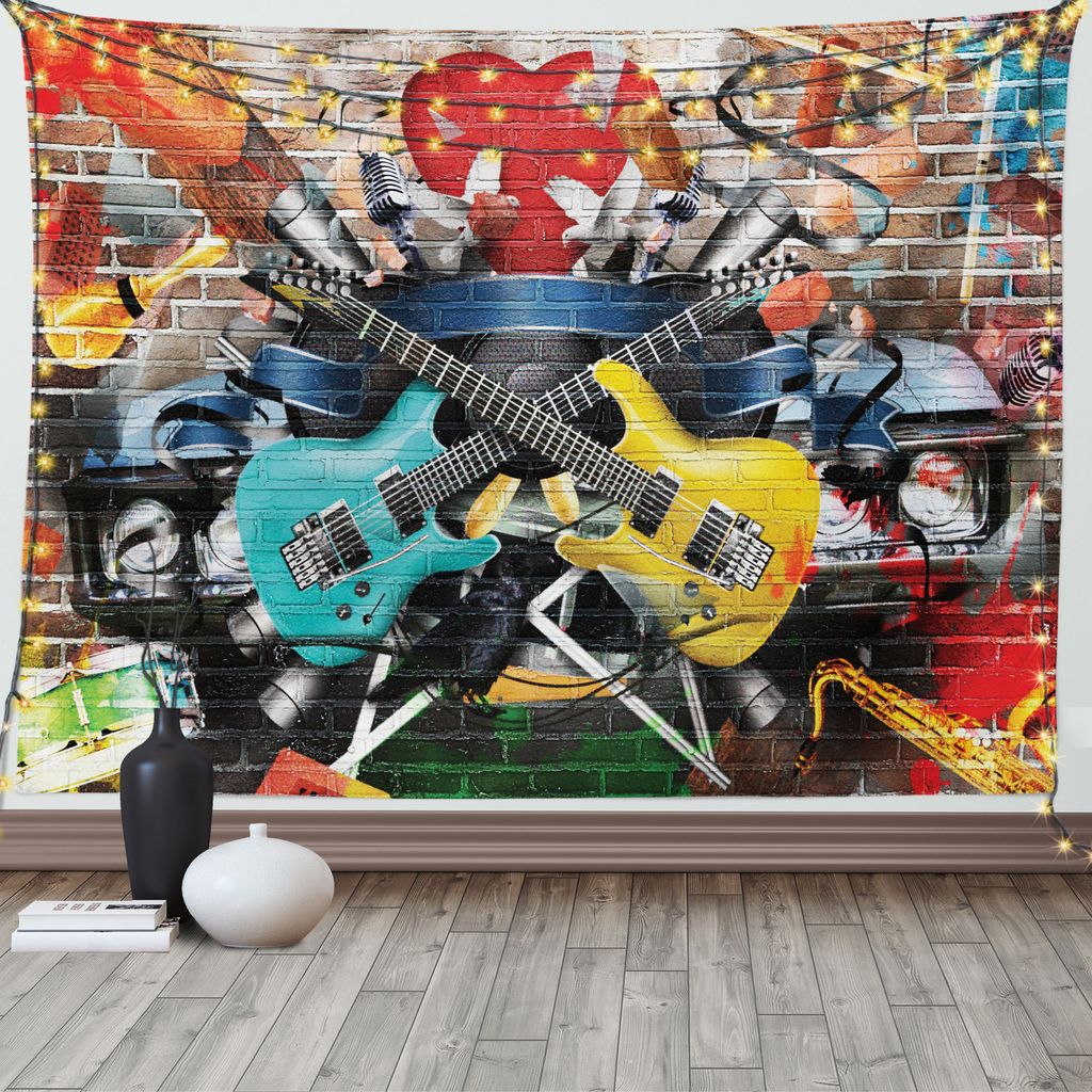 ABAKUHAUS Graffiti Wandteppich, Collage Instrument Joyful, Wohnzimmer Schlafzimmer Wandtuch Seidiges Satin Wandteppich, 150 x 100 cm, Mehrfarbig