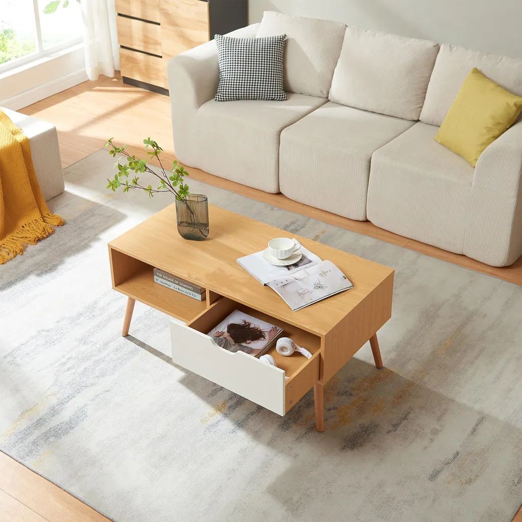Table de salon rectangulaire Bordkak 100 cm avec tiroir blanc chêne