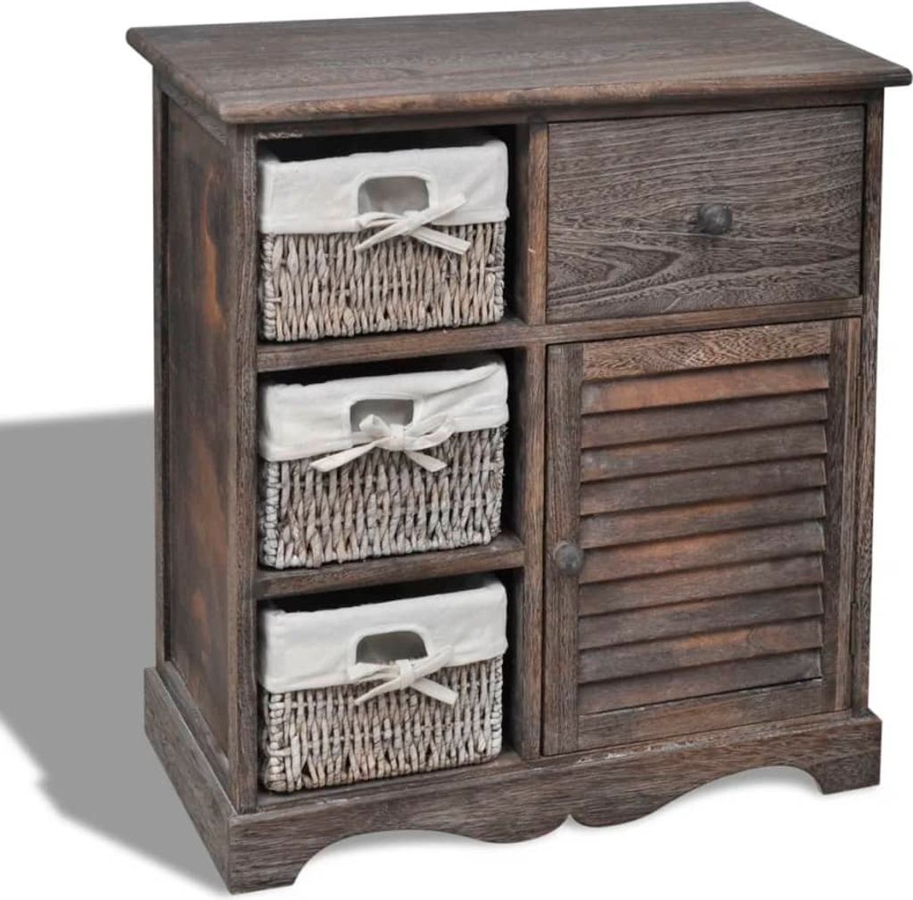 The Living Store Holzschränkchen mit 3 Flechtkörben Braun