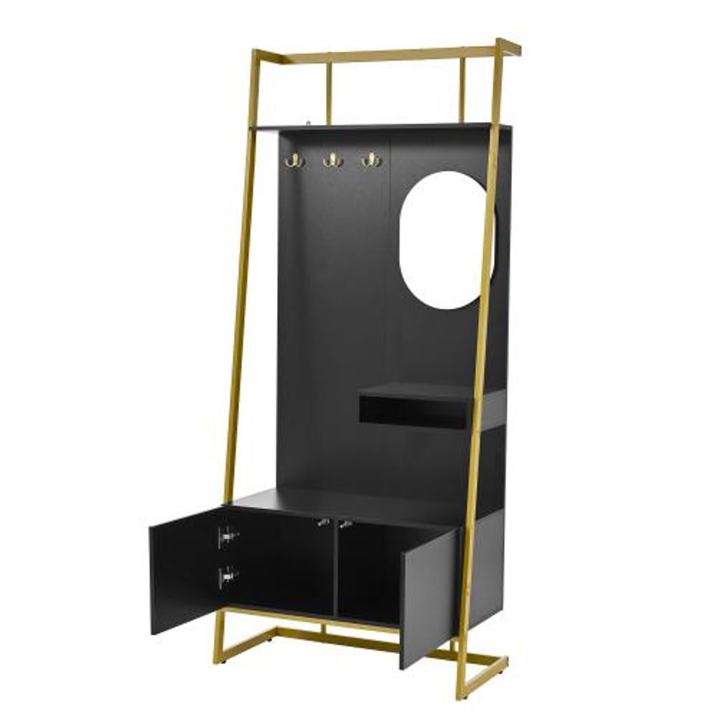 78¡Á38,5¡Á180,5 cm, Schwarz, Garderobe, Modern, Minimalistisch, Offener Aufbewahrungsschrank, Spiegel, Metallhaken, Schuhbank, Kleiderstaender,...