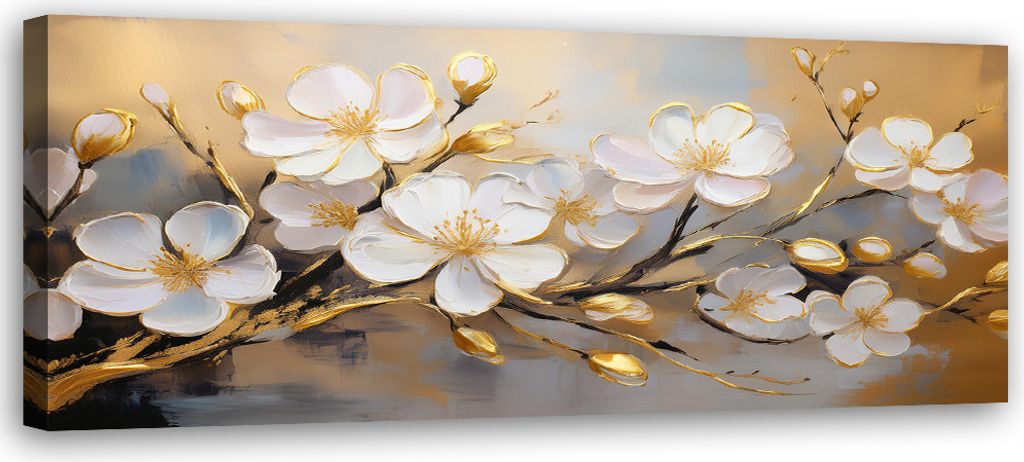 Leinwandbild Modern Weiß Blumen Pflanzen Zweig 90x30 Feeby Gold bild für die wand bereit zum aufhängen