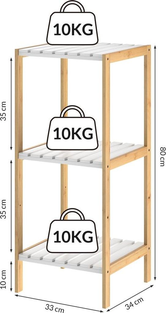 Bambusregal, 3-stöckig, 80 x 33 x 34 cm, Weiß, Vielseitige Aufbewahrung