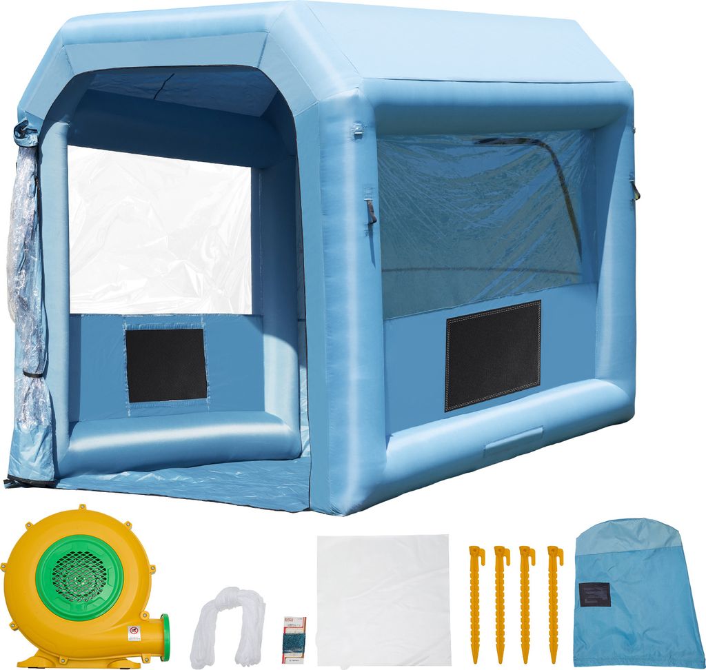 An inflatable spray booth and its accessories are displayed against a white background.