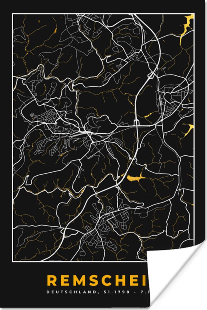 MuchoWow Poster Remscheid - Stadtplan - Gold - Karte - Deutschland 40x60 cm - Plakate für die Wand - Poster Babyzimmer