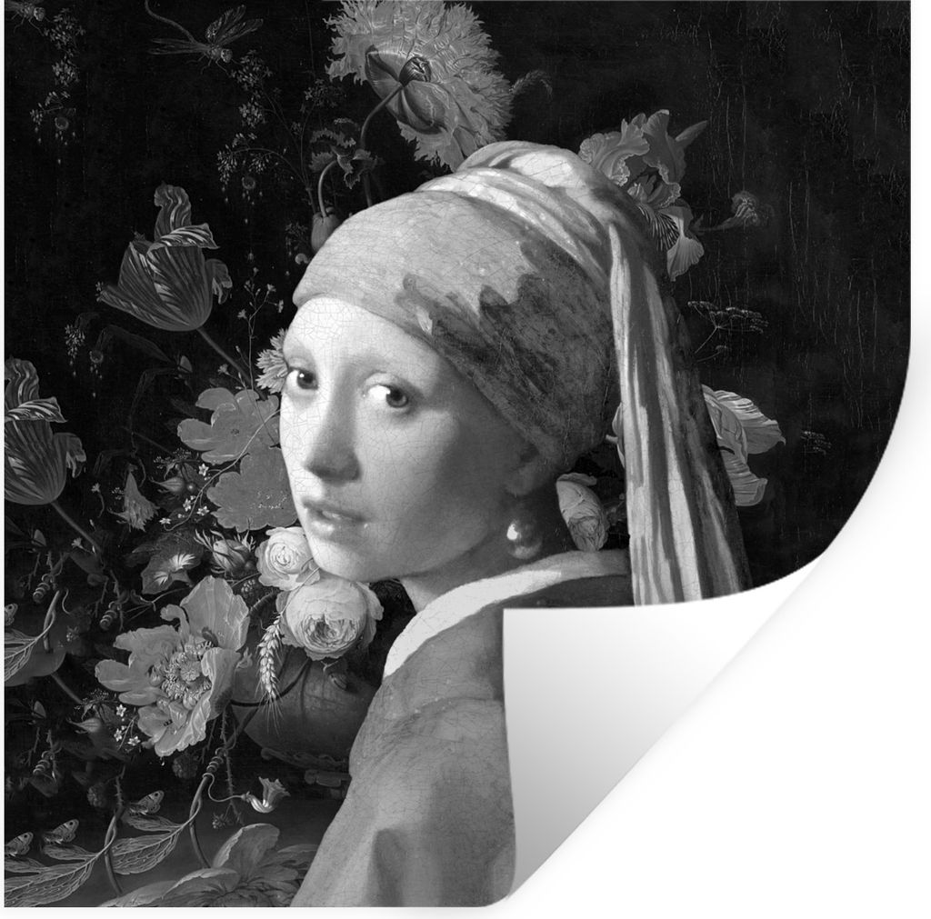 MuchoWow Wandtattoo Wandsticker Wandaufkleber Das Mädchen mit dem Perlenohrring - Johannes Vermeer - Schwarz und weiß 80x80 cm Selbstklebend un...