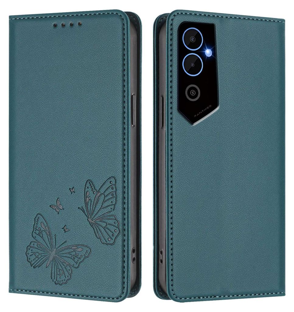 Lederhülle für Tecno Pova Neo 2, Schmetterling Prägung Leder Brieftasche Schutzhülle mit Ständer Grün