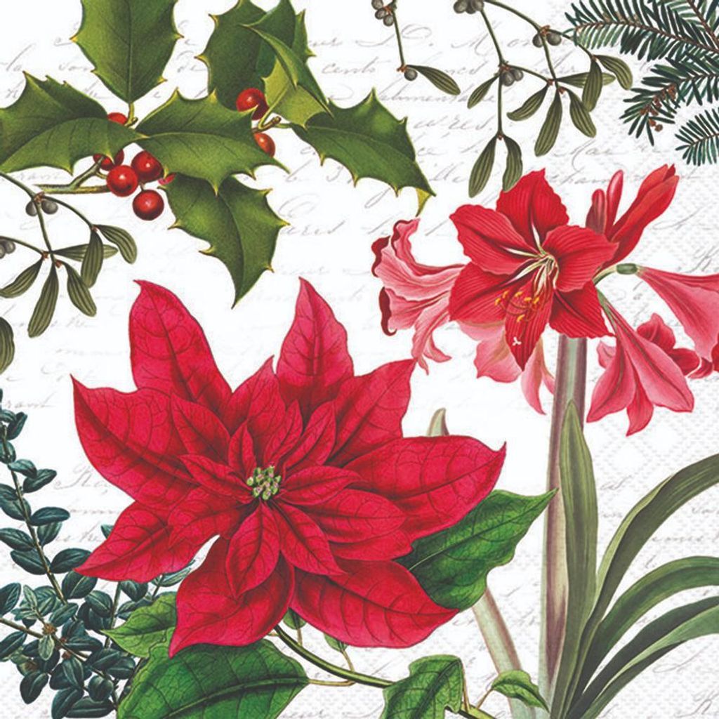 Servietten 33x33 cm - Christmas plants white