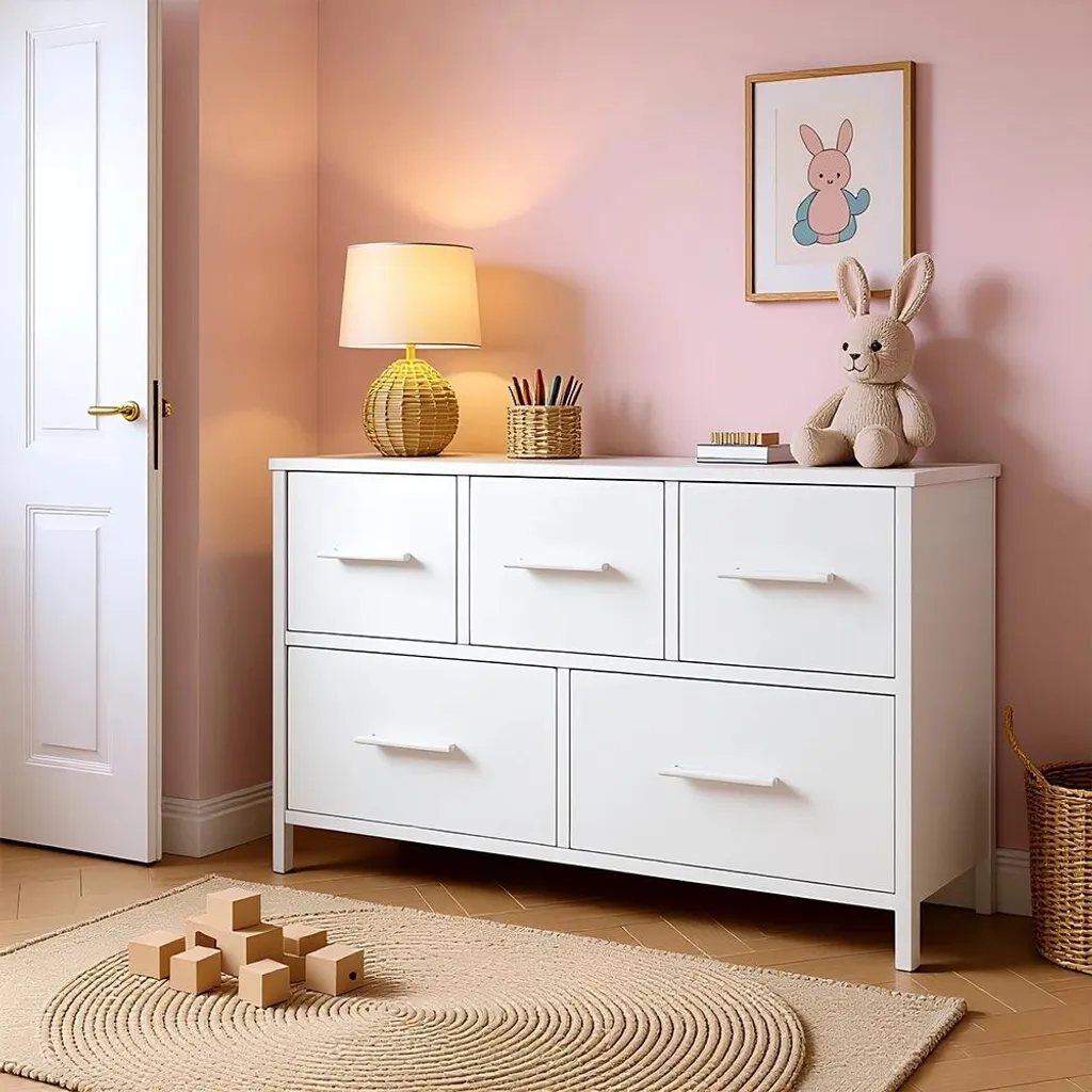 Meuble TV de rangement pour salon avec 5 tiroirs et roulettes - Blanc