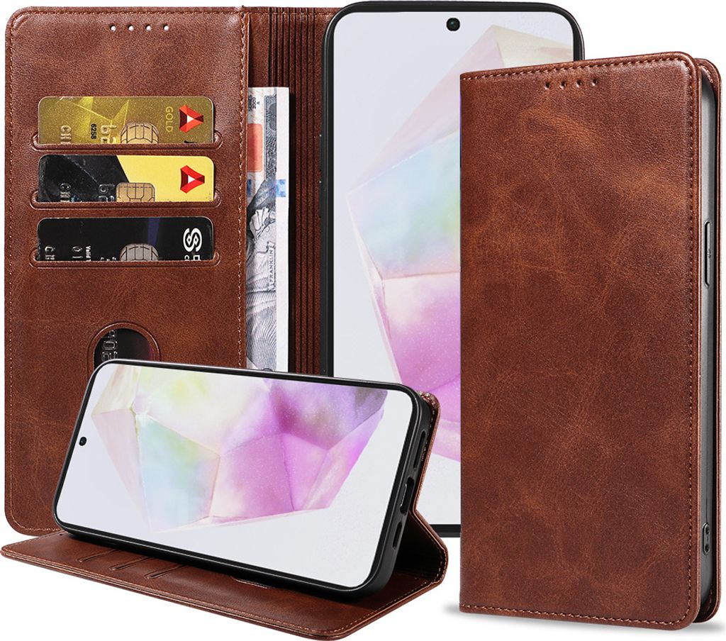 Smartphonica Handytasche passend für Samsung Galaxy A35 Kunstleder mit Magnetverschluss und Kartenhalter Buchhülle mit Klappe - Dunkelbraun