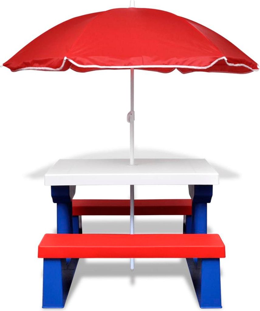 A children's picnic table with benches and a red umbrella, presented on a white background.