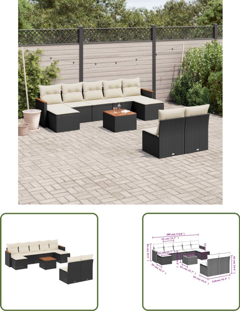 The Living Store 10-tlg. Garten-Sofagarnitur mit Kissen Schwarz Poly Rattan