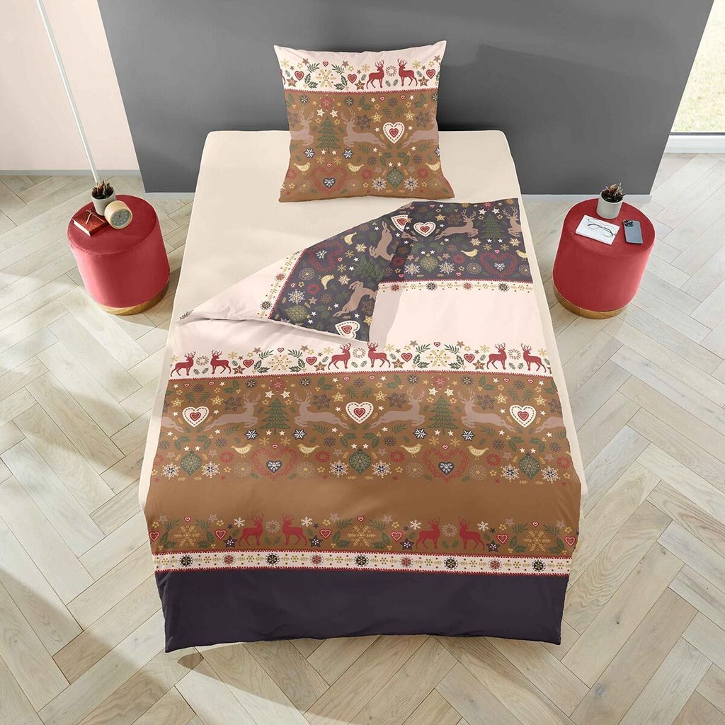 Traumschlaf Feinbiber Bettwäsche Hirsche Weihnachten 155x220 cm + 80x80 cm