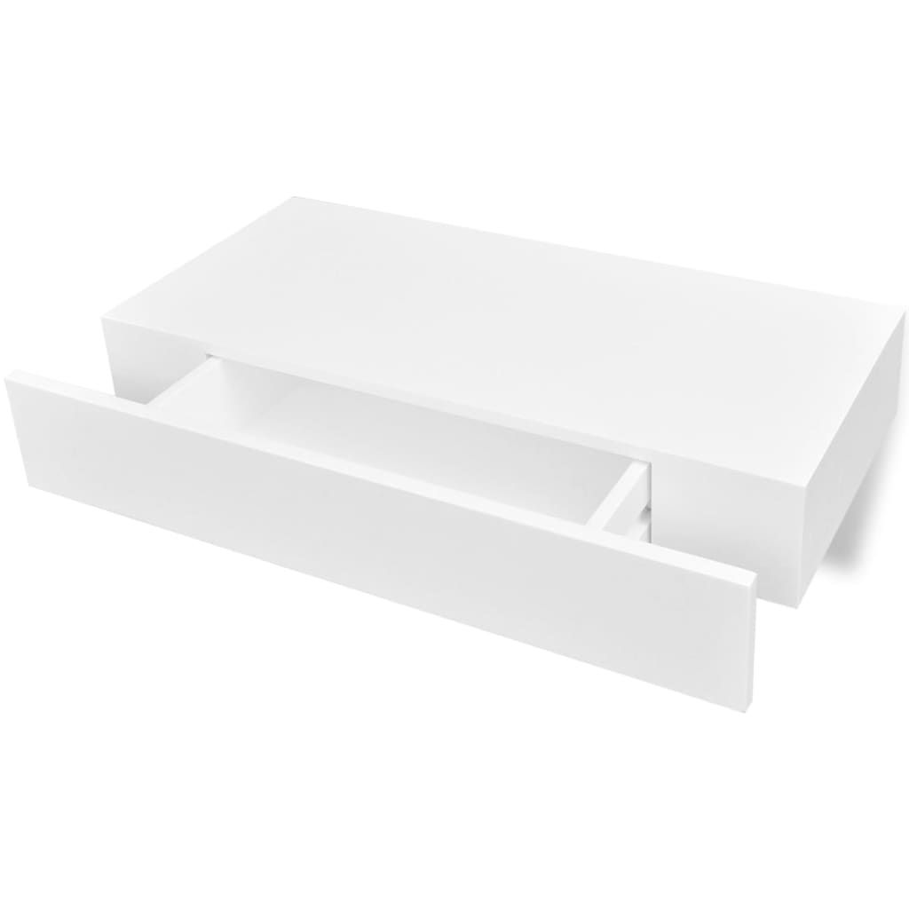 A white floating shelf with an open drawer, shown against a white background.