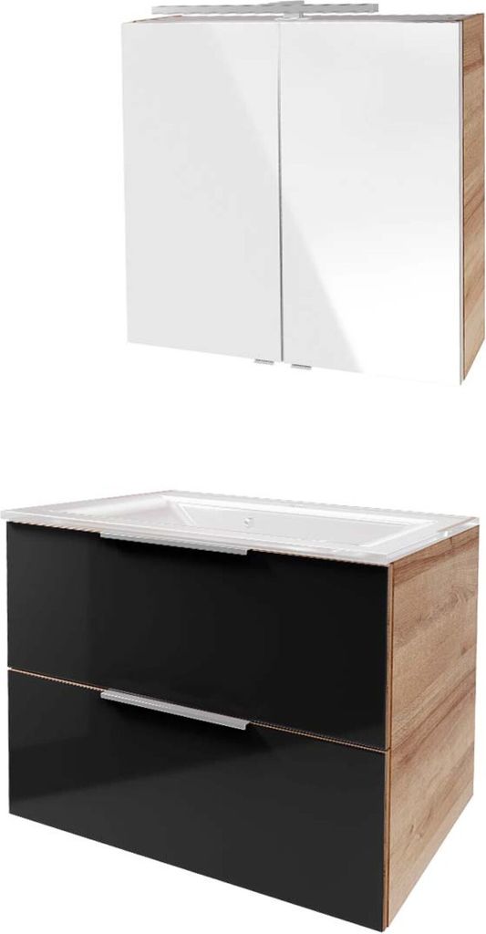 Fackelmann B. BRILLANT Badmöbel Set 3-teilig 80 cm, Anthrazit Glas/Braun, Glas+Spiegelschrank
