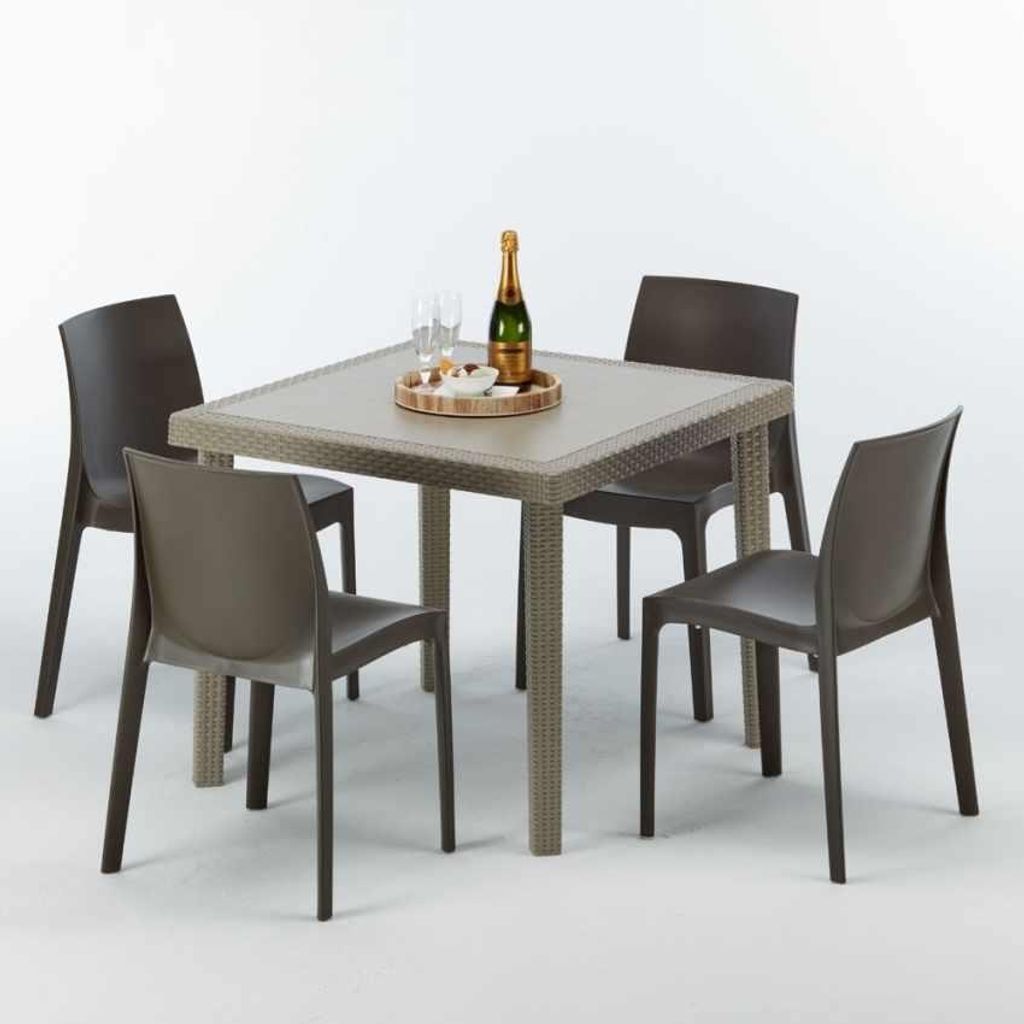 Polyrattan Tisch Quadratisch mit 4 Bunten Stühlen 90x90 Beige Elegance