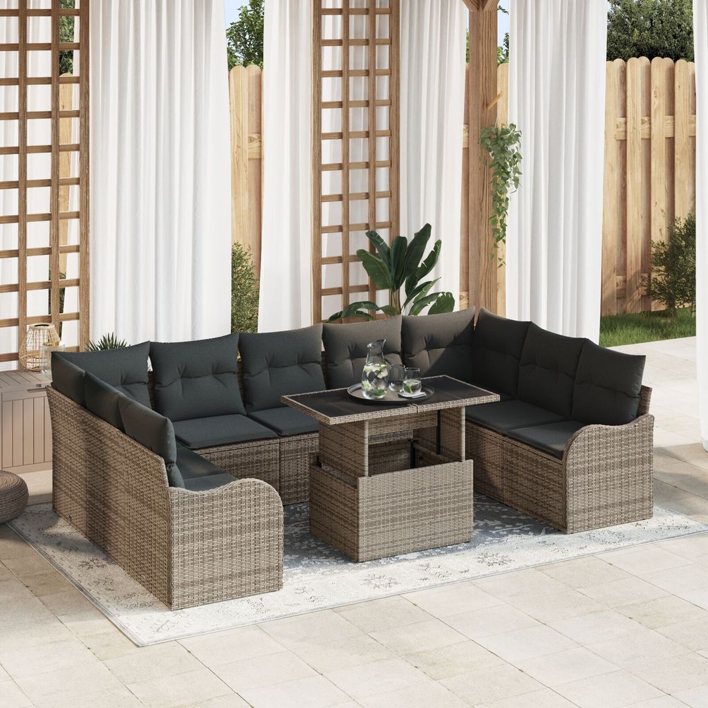 Möbel 10-teilige Garten Sofa Set mit Kissen Grau Poly Rattan, 2-Sitzer Garten Sofa mit Kissen Grau Poly Rattan - Gartensofas 3348525
