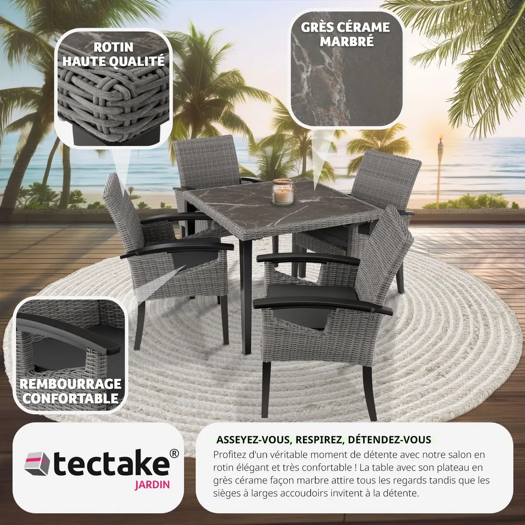 Table rotin Tarent et 4 chaises Rosarno gris résistant aux intempéries - 7
