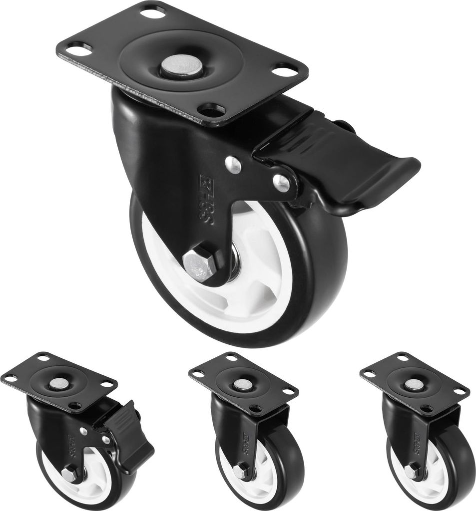 H&S Schwerlastrollen 100 mm - Rollen für Möbel - 4er Set - Gummi Lenkrollen mit Bremse - Doppelte Kugellager-Drehköpfe - Transportrollen Möbelr...