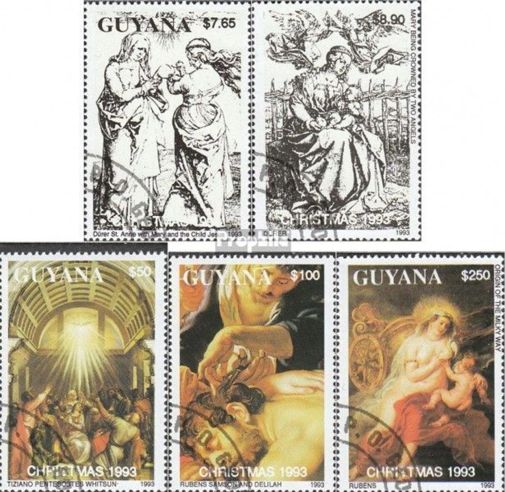 Briefmarken Guyana 1993 Mi 4238-4242 (kompl.Ausg.) gestempelt Weihnachten: Gemälde