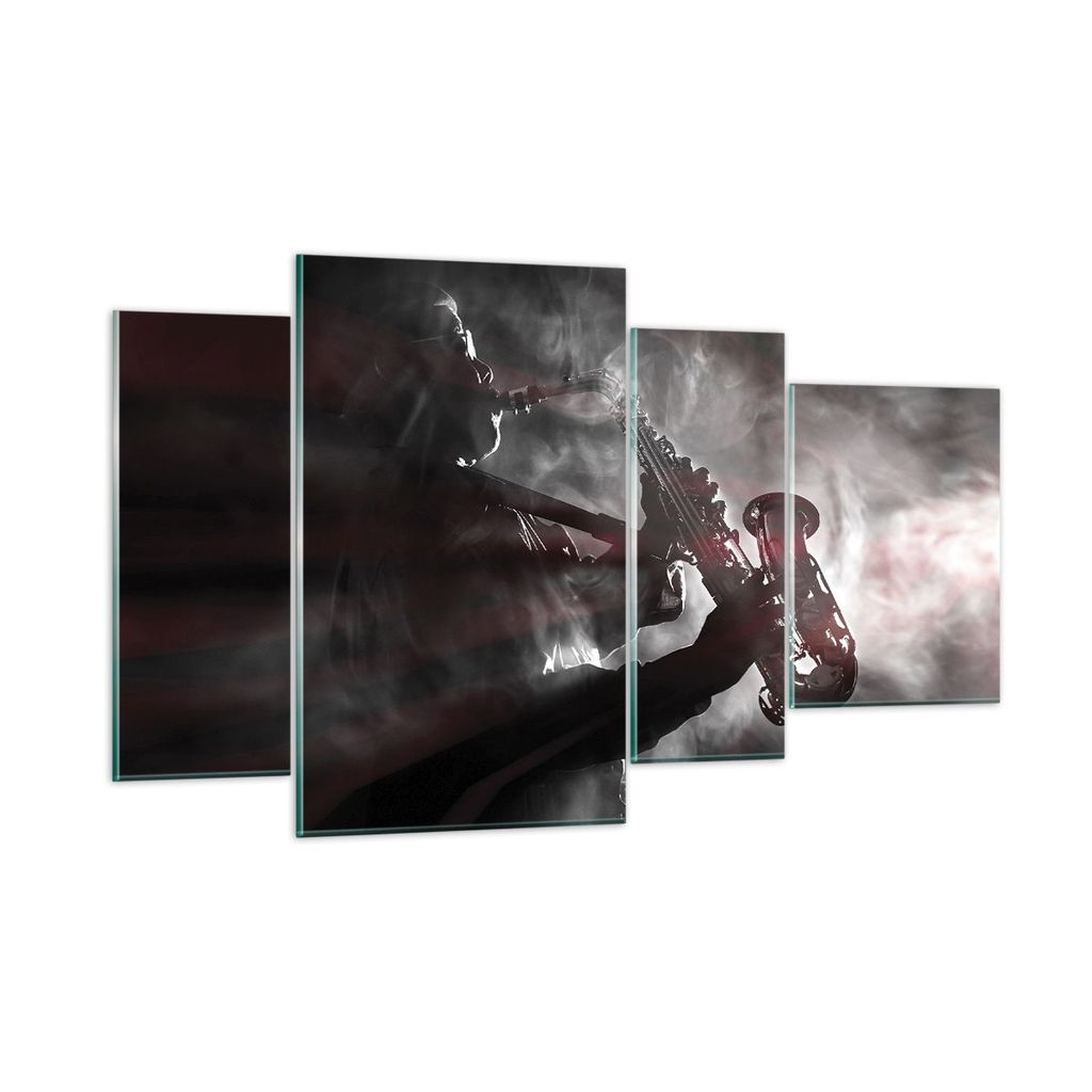 Bilder auf glas - 4 Teile - Musiker Saxophonist Schwarz - 120x70cm - Glasbilder - Wandbilder - Bilder - Wanddekoration aus Glas - Glas Bilder - Wan...
