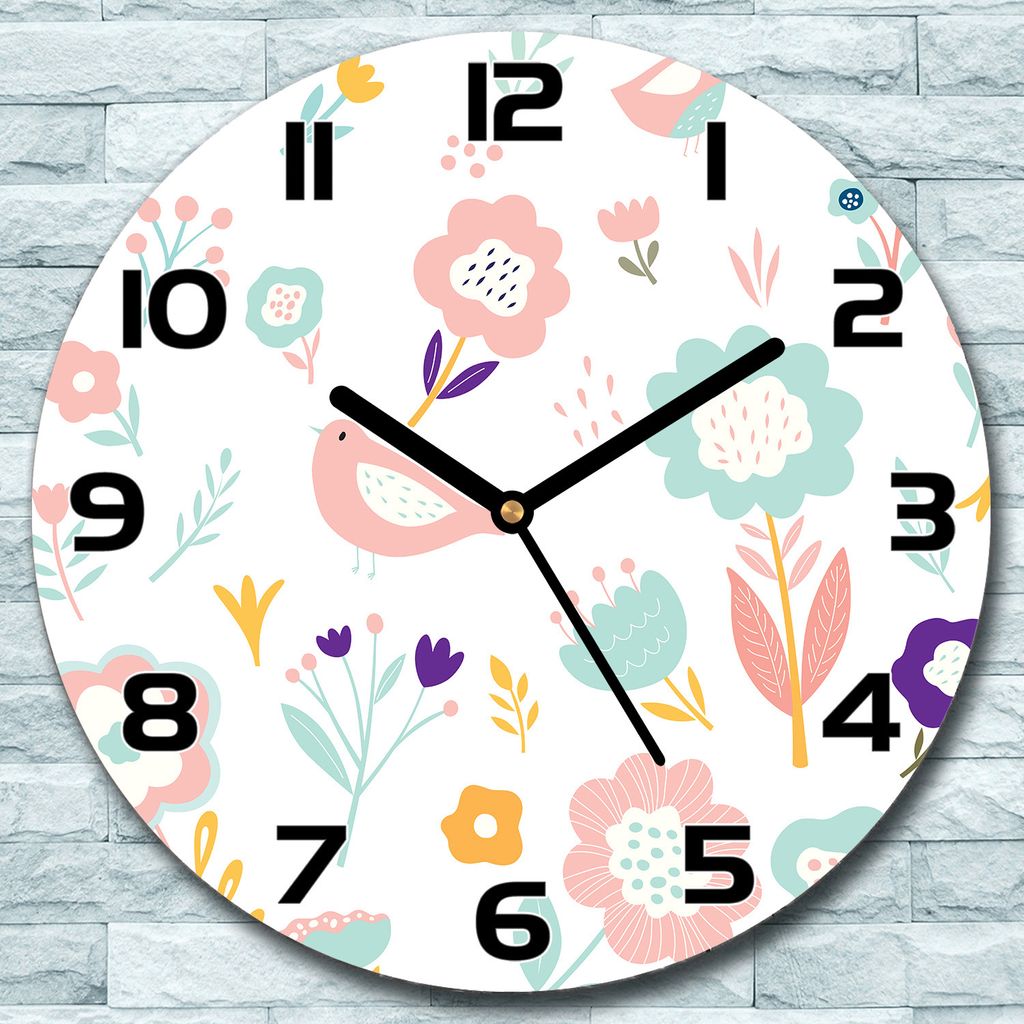 Wanduhr aus Glas Rund fi 30 Vögel mit Blumen Quarz Deko Schlafzimmer Büro