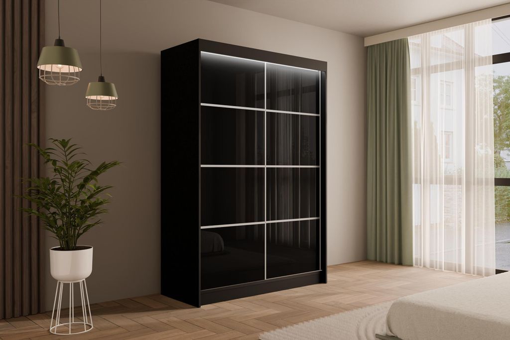 ALTDECOR Kleiderschrank mit Lacobel-Schiebetüren, kugelgelagerte Führungsschienen und Aluminium- Leisten, LED-Beleuchtung (weiß + 16 Farben) und...