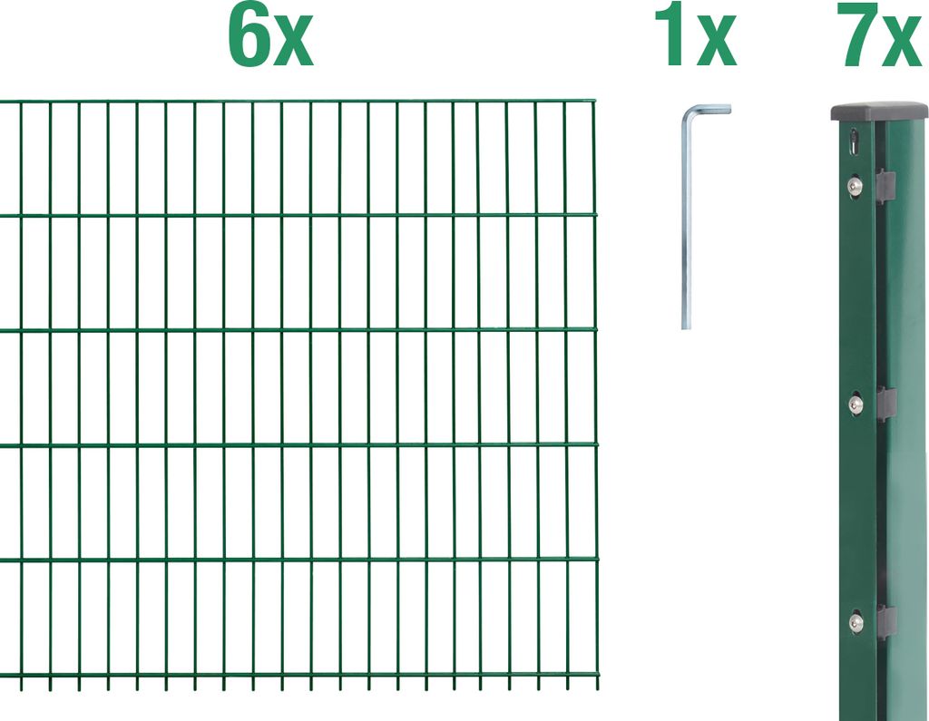 Alberts Doppelstabmattenzaun 6-5-6, Matten 2,50 m, Höhe 1,03 m, Länge 15 m, grün, Zaun als Komplettset, Pfosten mit Abdeckleiste 60x40 mm
